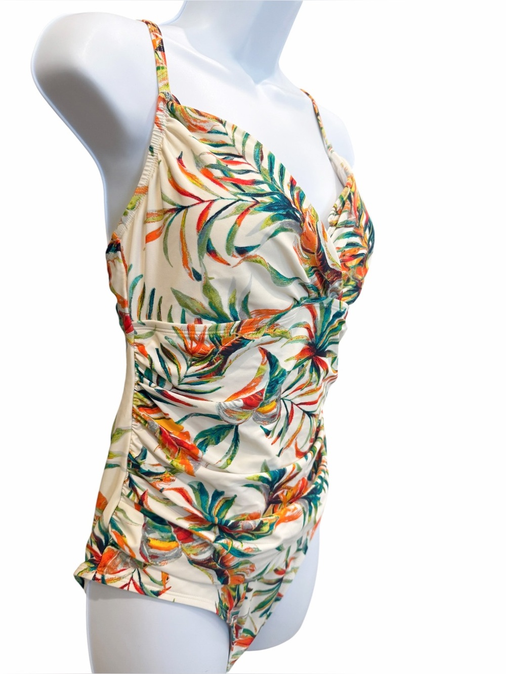 Ellen Tracy One Piece Swimsuit Ruched V Neck Tropical Palm Print Ivory Multi 14 - Picture 4 of 11